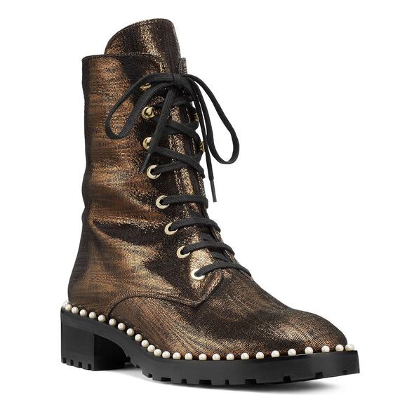 Stuart Weitzman Allie Pearl Combat Boots Metallic Suede Lug Sole 8.5B EU 39 - Picture 1 of 9